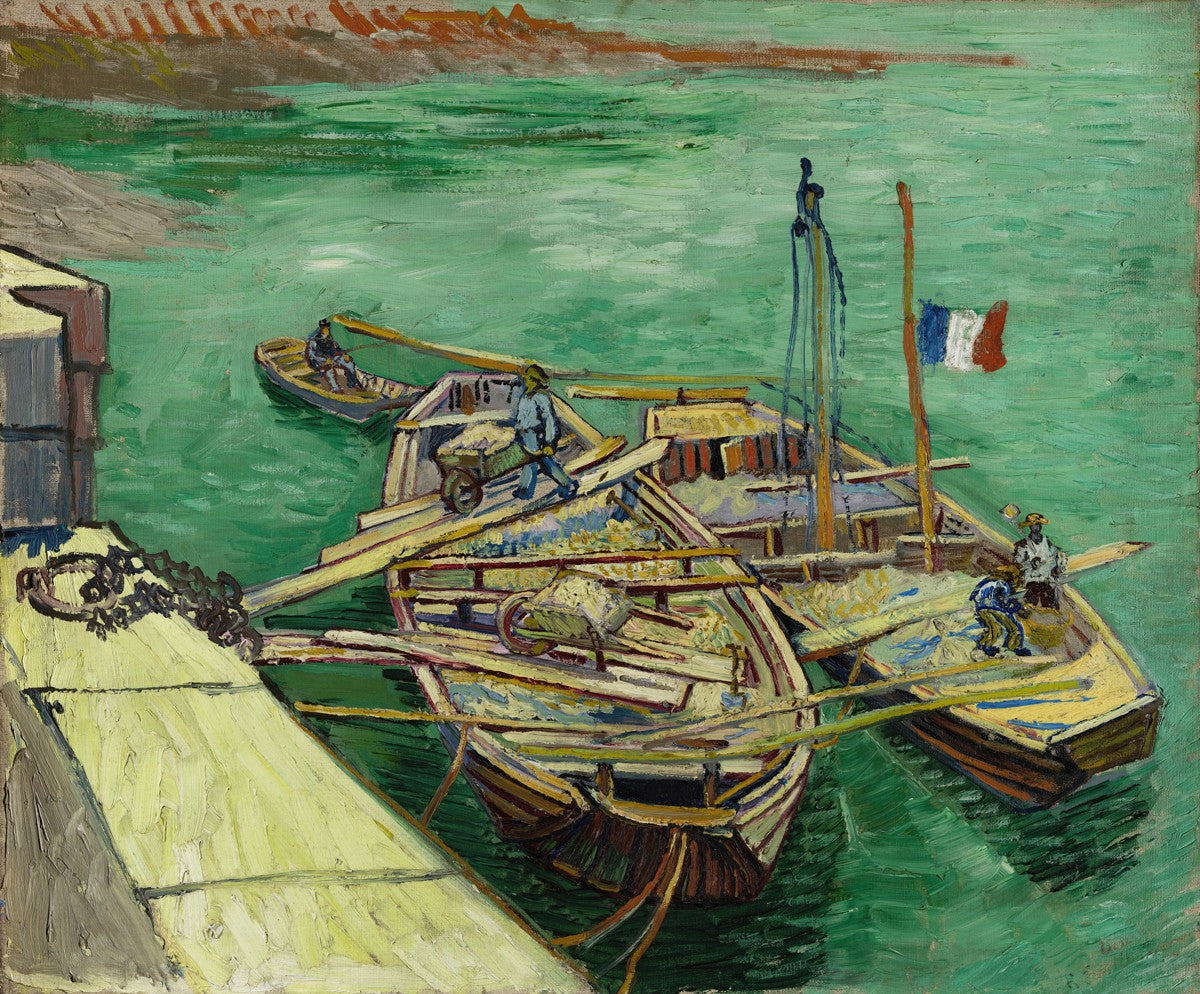 Quay with men unloading sand barges by Vincent van Gogh