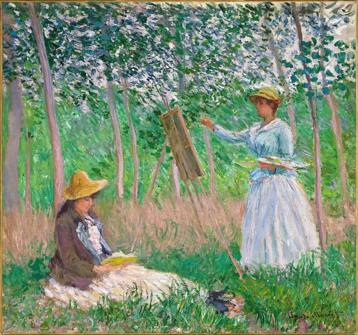 In The Woods At Giverny- Blanche Hoschedé At Her Easel With Suzanne Hoschedé Reading by Claude Monet