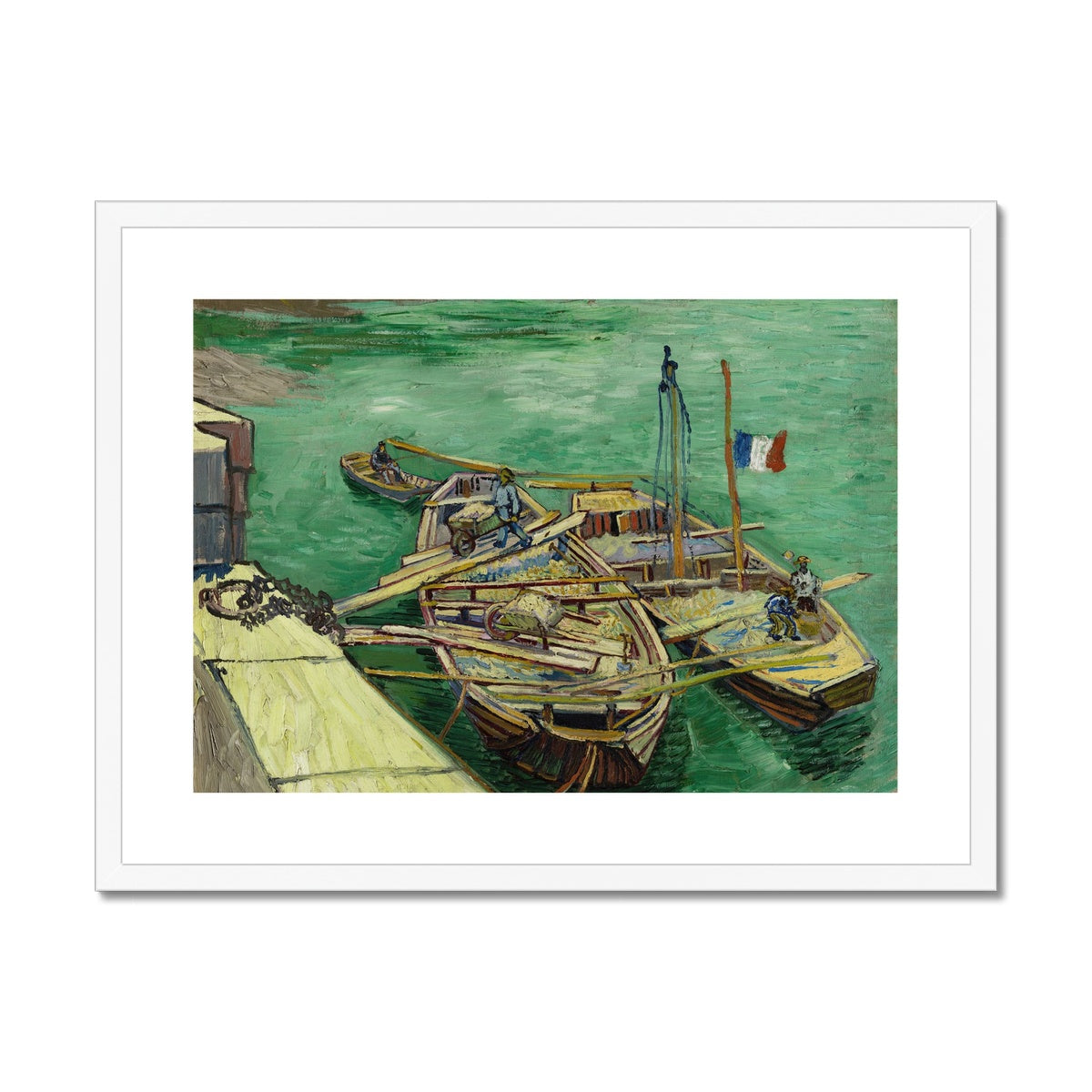 Quay with men unloading sand barges by Vincent van Gogh Framed & Mounted Print